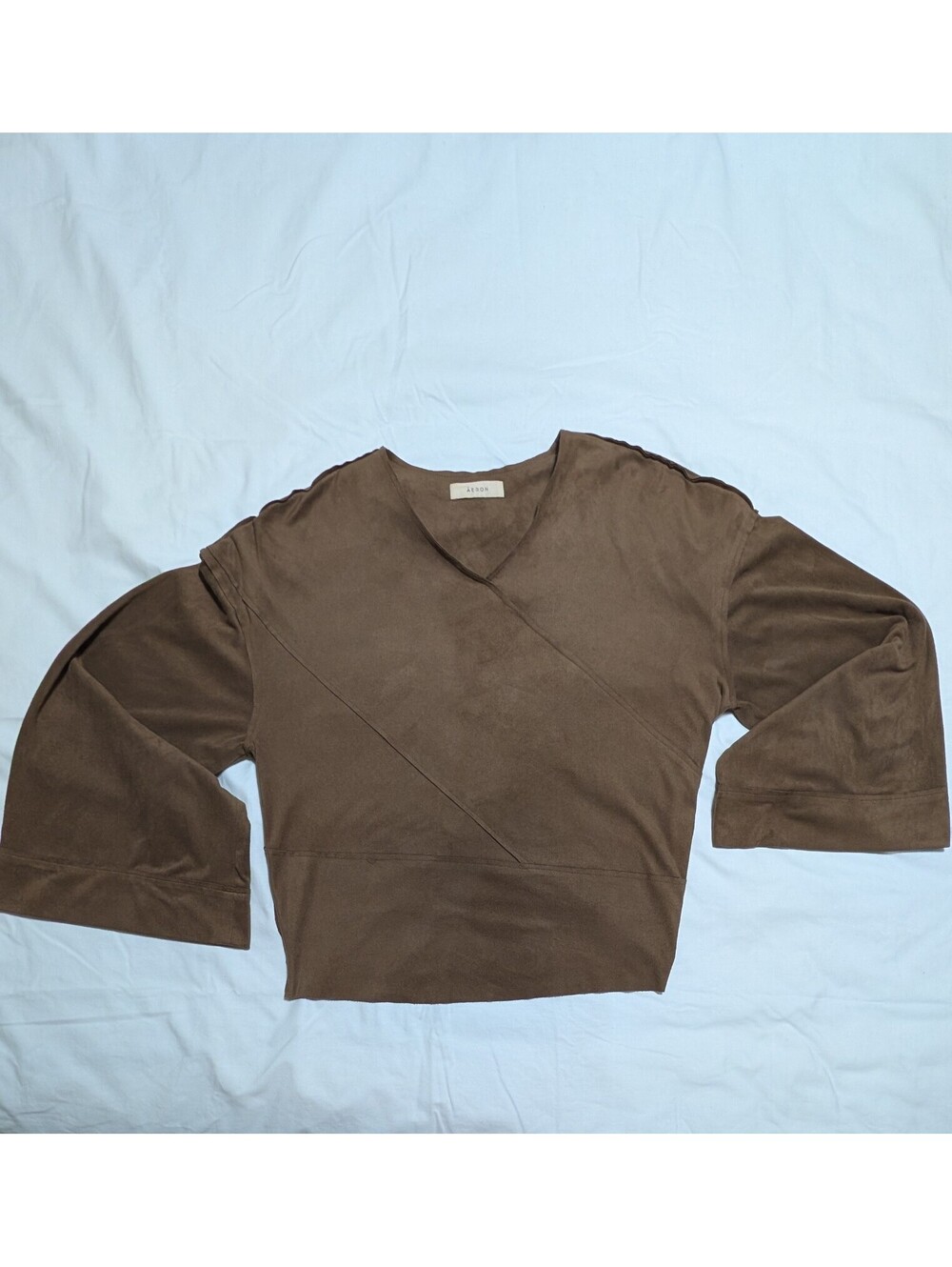 AERON Brown Faux Suede Bell Sleeve Blouse V-Neck Top - Size [XS]